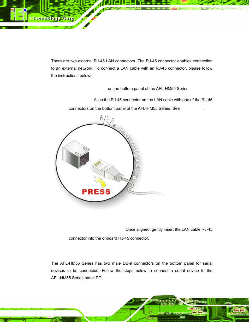 11 bottom panel connectors, 1 lan connection, 2 serial device connection | Ottom, Anel, Onnectors, Figure 3-25: lan connection | IEI Integration AFL-19i-HM55 v1.01 User Manual | Page 58 / 139