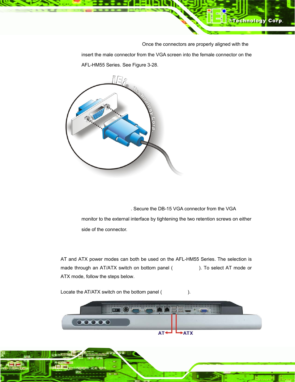 12 at/atx mode selection, At/atx, Election | Figure 3-28: vga connector | IEI Integration AFL-19i-HM55 v1.01 User Manual | Page 61 / 139