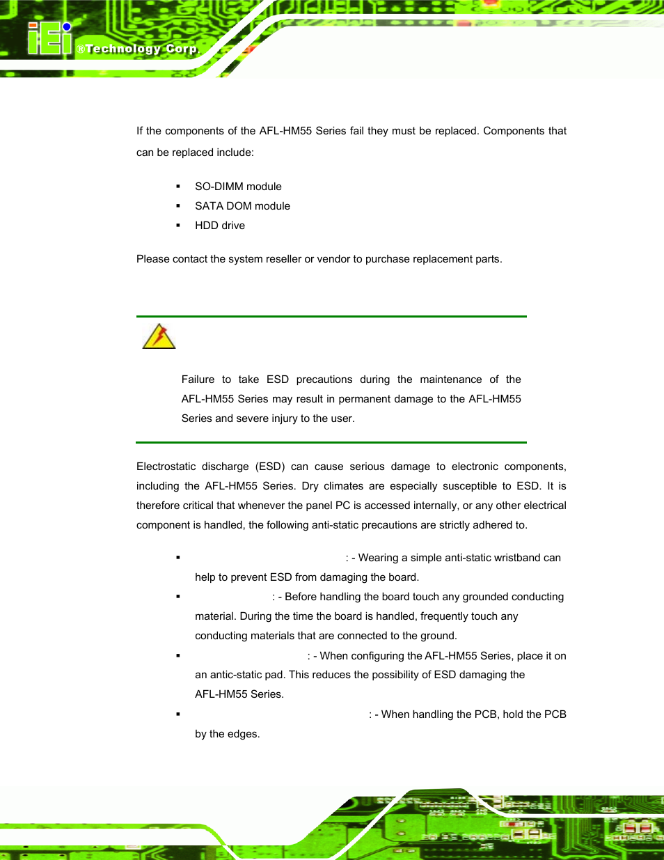 1 system maintenance introduction, 2 anti-static precautions, Ystem | Aintenance, Ntroduction, Static, Recautions | IEI Integration AFL-19i-HM55 v1.01 User Manual | Page 64 / 139