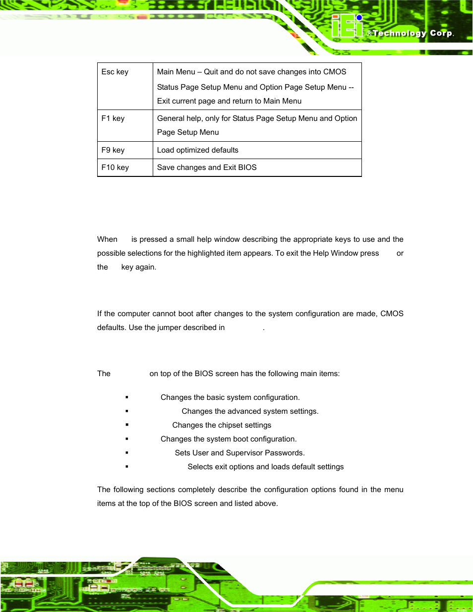 3 getting help, 4 unable to reboot after configuration changes, 5 bios menu bar | Table 5-1: bios navigation keys | IEI Integration AFL-19i-HM55 v1.01 User Manual | Page 71 / 139