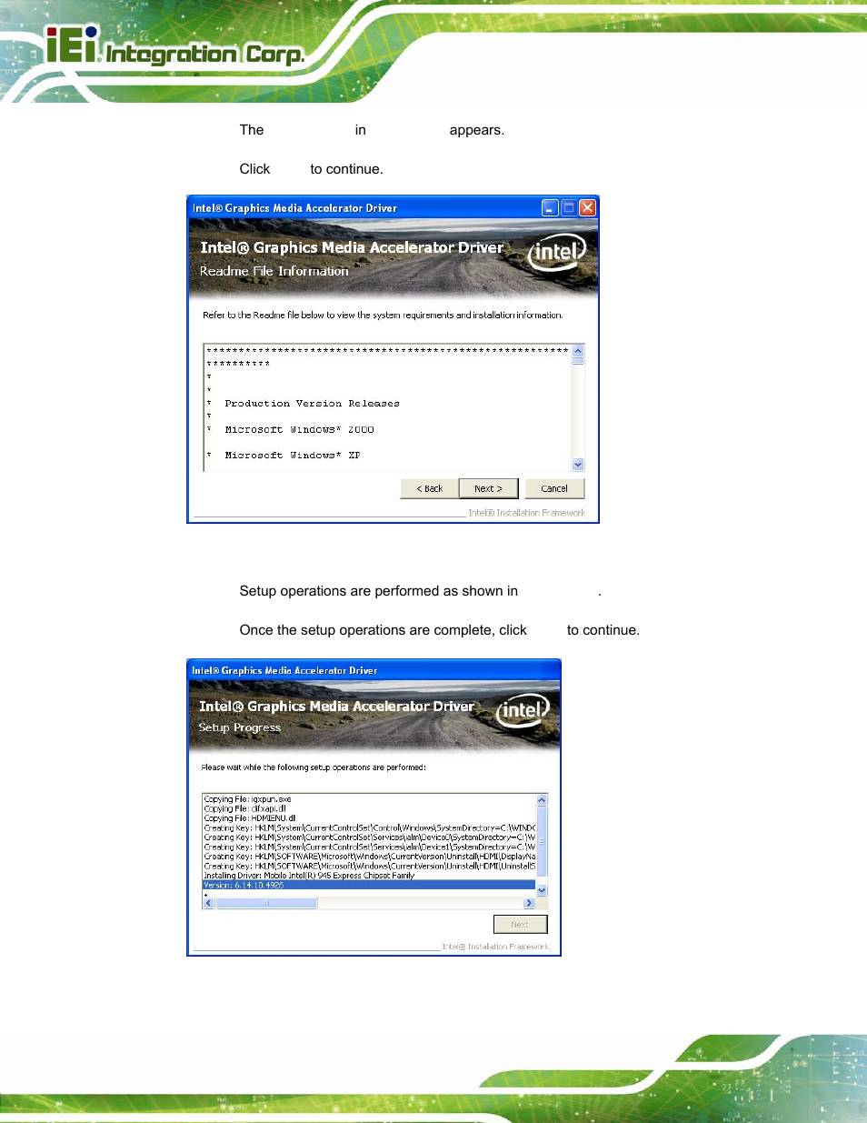 Figure 6-12: vga driver readme file, Figure 6-13: vga driver setup operations | IEI Integration AFL-15i-HM55 v2.00 User Manual | Page 105 / 140