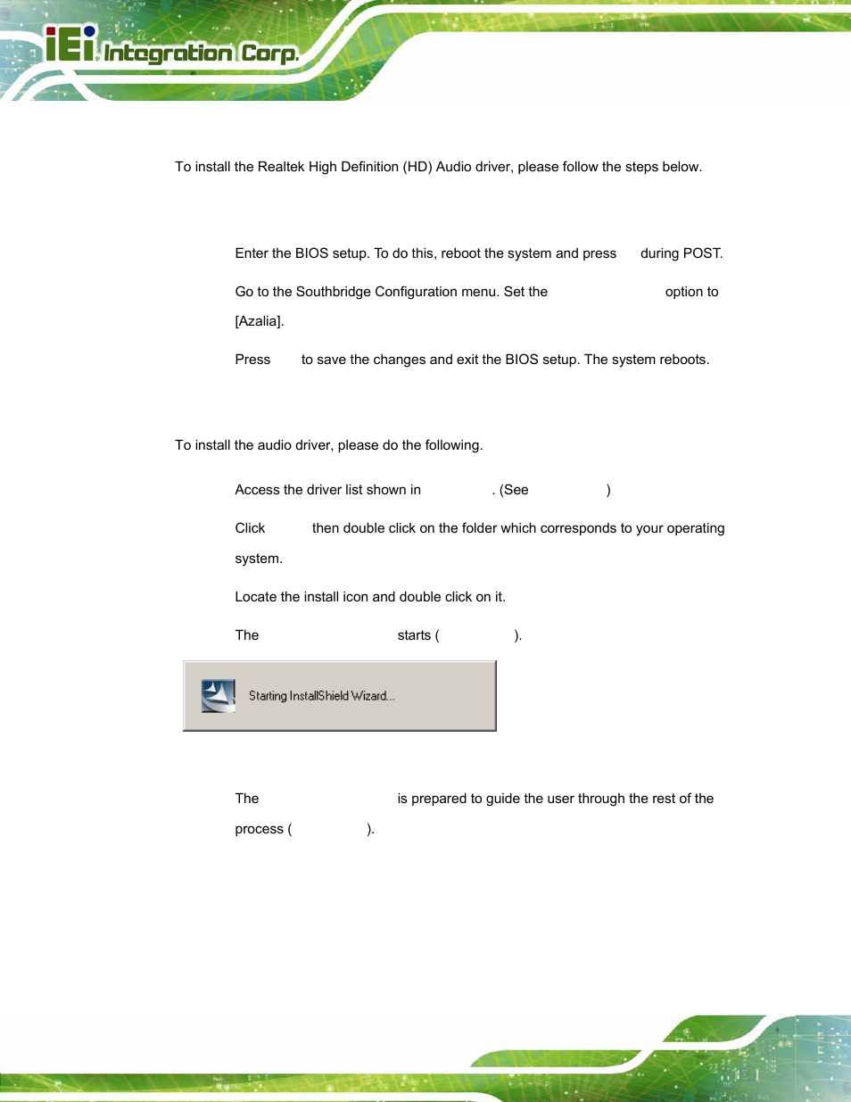 6 audio driver installation, 1 bios setup, 2 driver installation | Udio, River, Nstallation, Figure 6-19: the installshield wizard starts | IEI Integration AFL-15i-HM55 v2.00 User Manual | Page 109 / 140