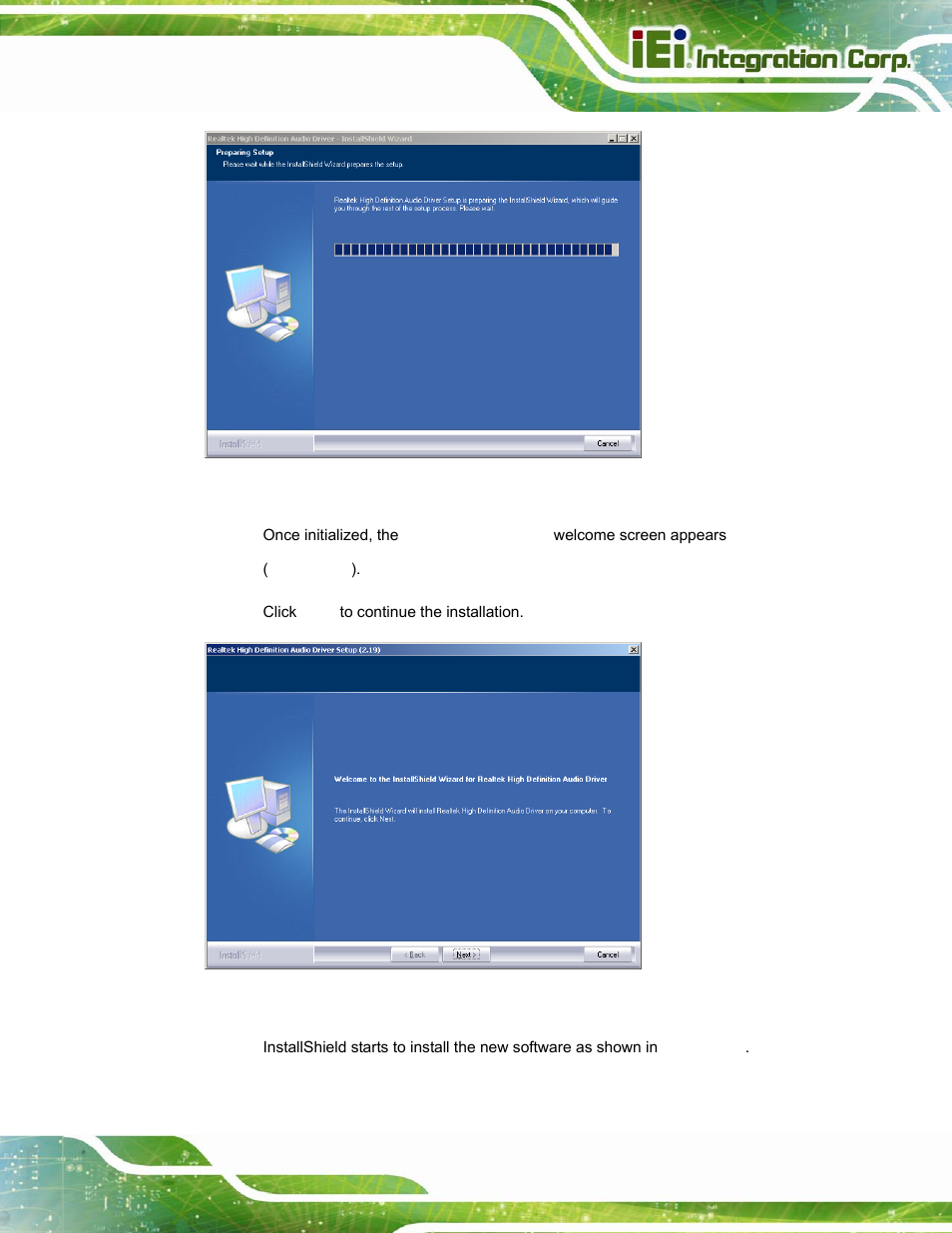 Figure 6-20: preparing setup screen, Figure 6-21: installshield wizard welcome screen, Figure 6-20 ) | IEI Integration AFL-15i-HM55 v2.00 User Manual | Page 110 / 140