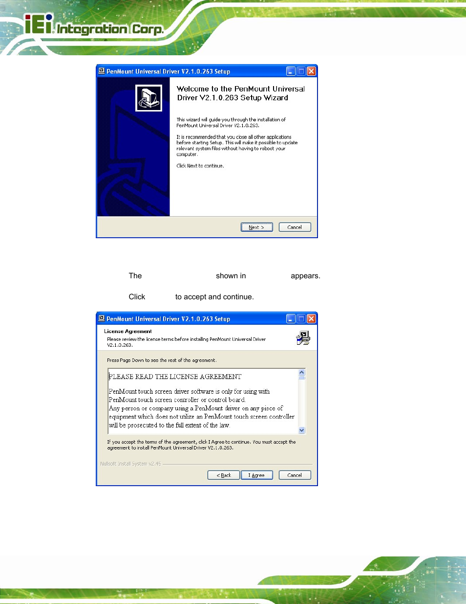 Figure 6-25: penmount welcome screen, Figure 6-26: license agreement | IEI Integration AFL-15i-HM55 v2.00 User Manual | Page 113 / 140