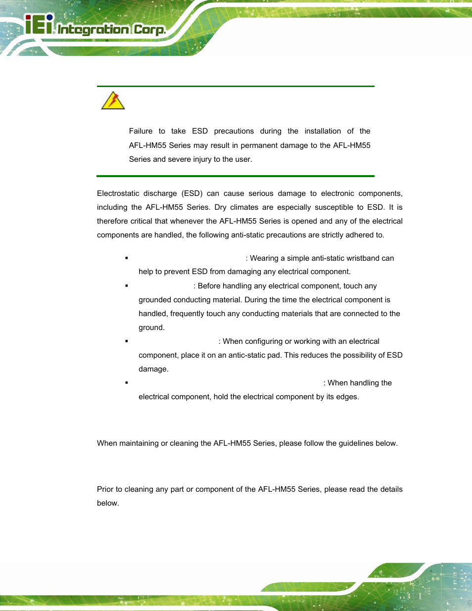 A.1.2 anti-static precautions, A.2 maintenance and cleaning precautions, A.2.1 maintenance and cleaning | Aintenance and, Leaning, Recautions | IEI Integration AFL-15i-HM55 v2.00 User Manual | Page 125 / 140