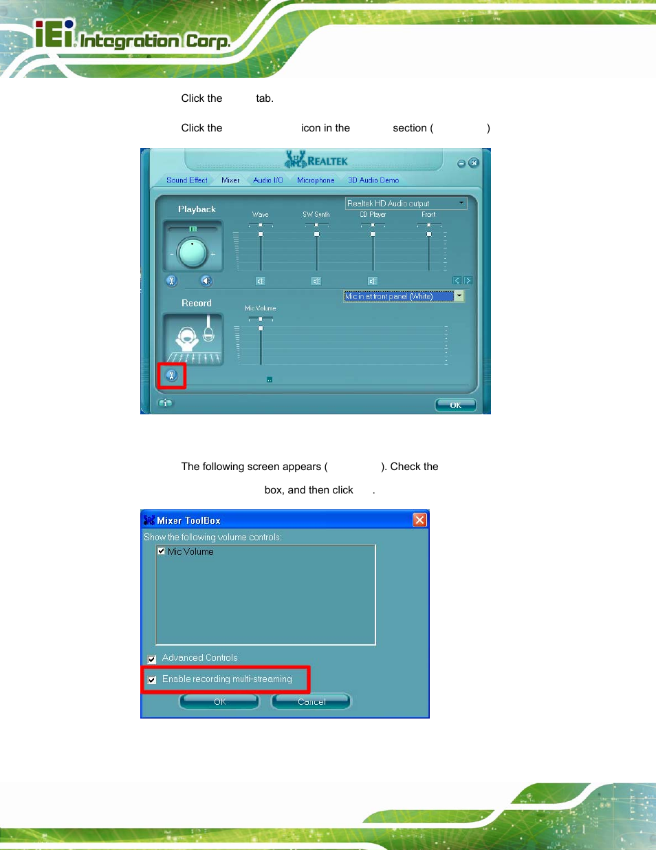 Figure b-3: mixer screen, Figure b-4: mixer toolbox screen | IEI Integration AFL-15i-HM55 v2.00 User Manual | Page 129 / 140