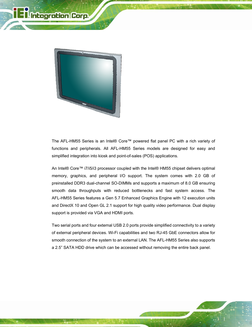 1 afl-hm55 series flat panel pc overview, Afl-hm55, Eries | Anel, Verview, Figure 1-1: afl-hm55 series flat panel pc | IEI Integration AFL-15i-HM55 v2.00 User Manual | Page 13 / 140
