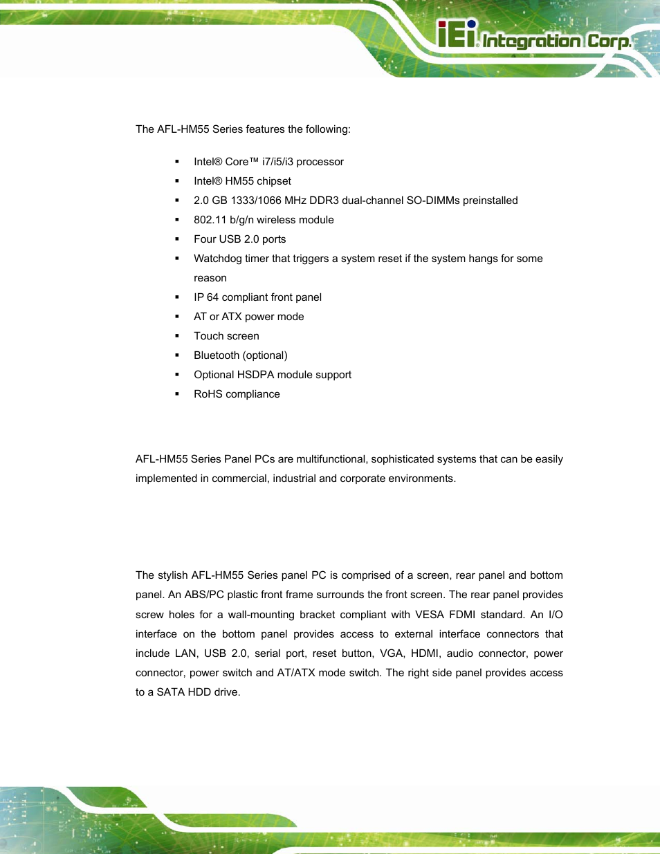 1 features, 2 applications, 2 external overview | 1 general description, Xternal, Verview | IEI Integration AFL-15i-HM55 v2.00 User Manual | Page 14 / 140
