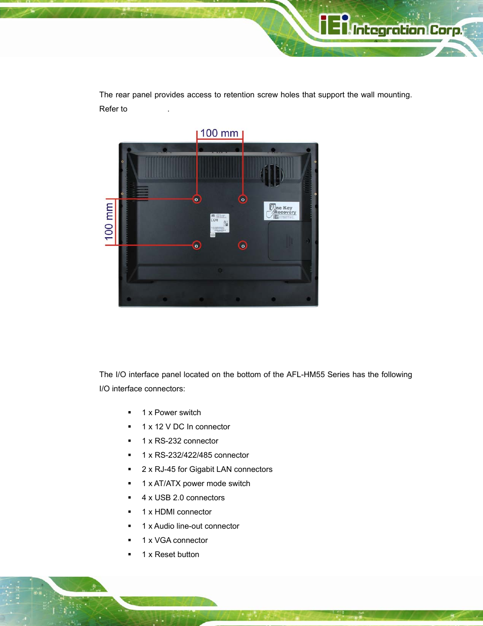 3 rear panel, 4 i/o interface panel, Figure 1-3: afl-hm55 series rear view | IEI Integration AFL-15i-HM55 v2.00 User Manual | Page 16 / 140