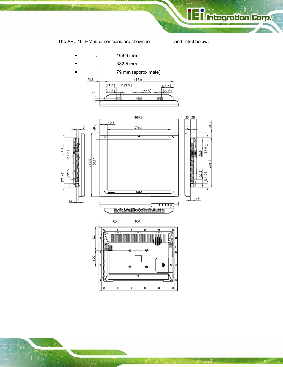 Figure 1-8: afl-19i-hm55 dimensions (mm) | IEI Integration AFL-15i-HM55 v2.00 User Manual | Page 22 / 140
