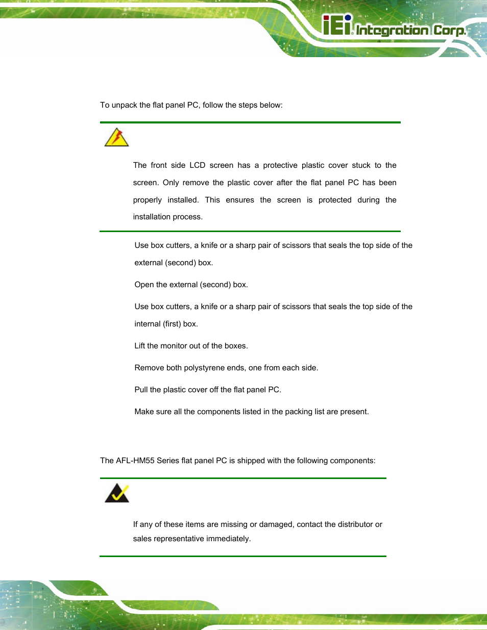 1 unpacking, 1 packing list, Npacking | IEI Integration AFL-15i-HM55 v2.00 User Manual | Page 24 / 140