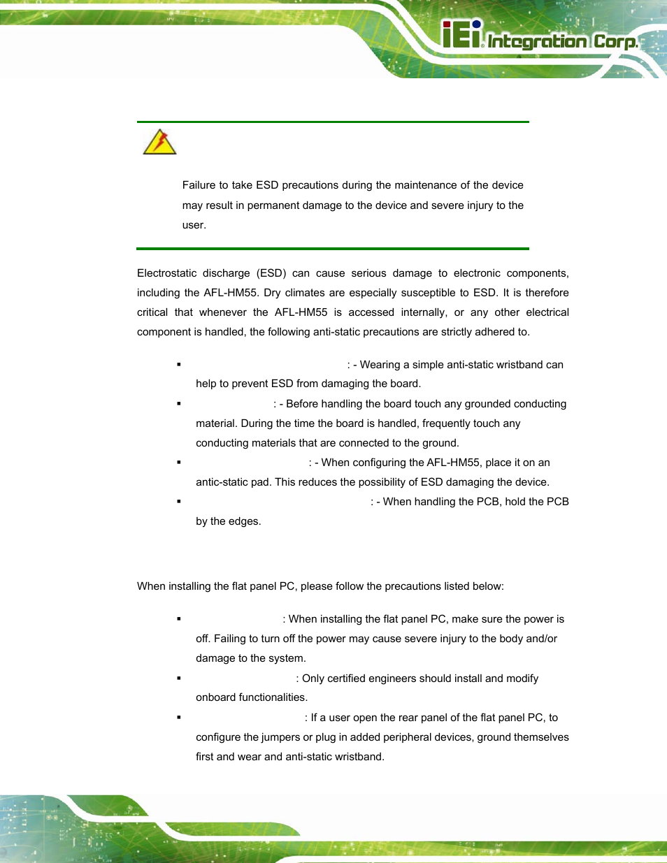 1 anti-static precautions, 2 installation precautions, Static | Recautions, Nstallation | IEI Integration AFL-15i-HM55 v2.00 User Manual | Page 30 / 140