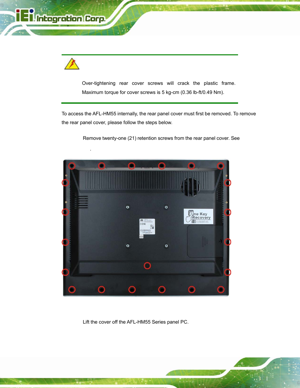 7 removing the rear panel cover, Emoving the, Anel | Over | IEI Integration AFL-15i-HM55 v2.00 User Manual | Page 35 / 140