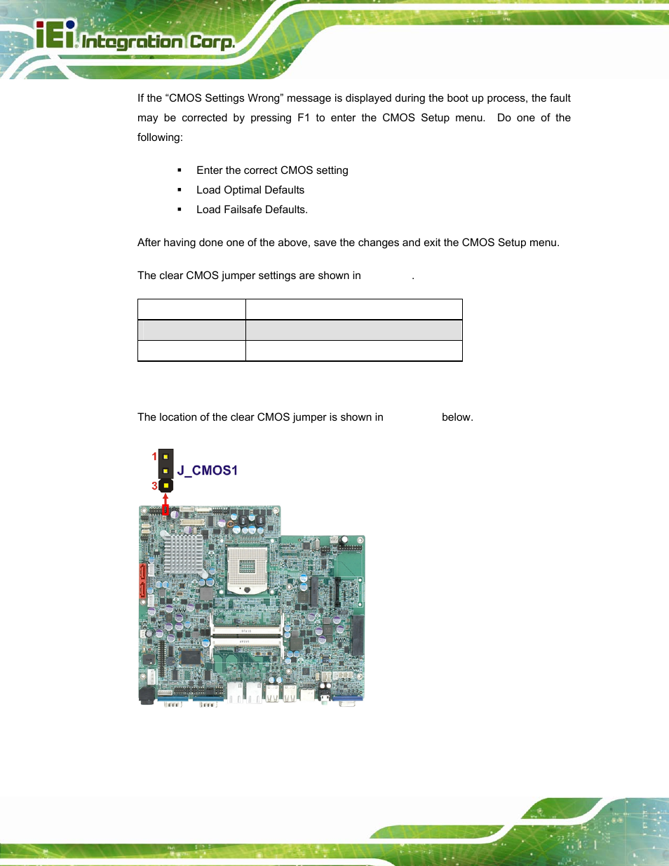 Figure 3-7: clear cmos jumper, Table 3-3: clear cmos jumper settings, See table 3-3 | See figure 3-7 | IEI Integration AFL-15i-HM55 v2.00 User Manual | Page 39 / 140