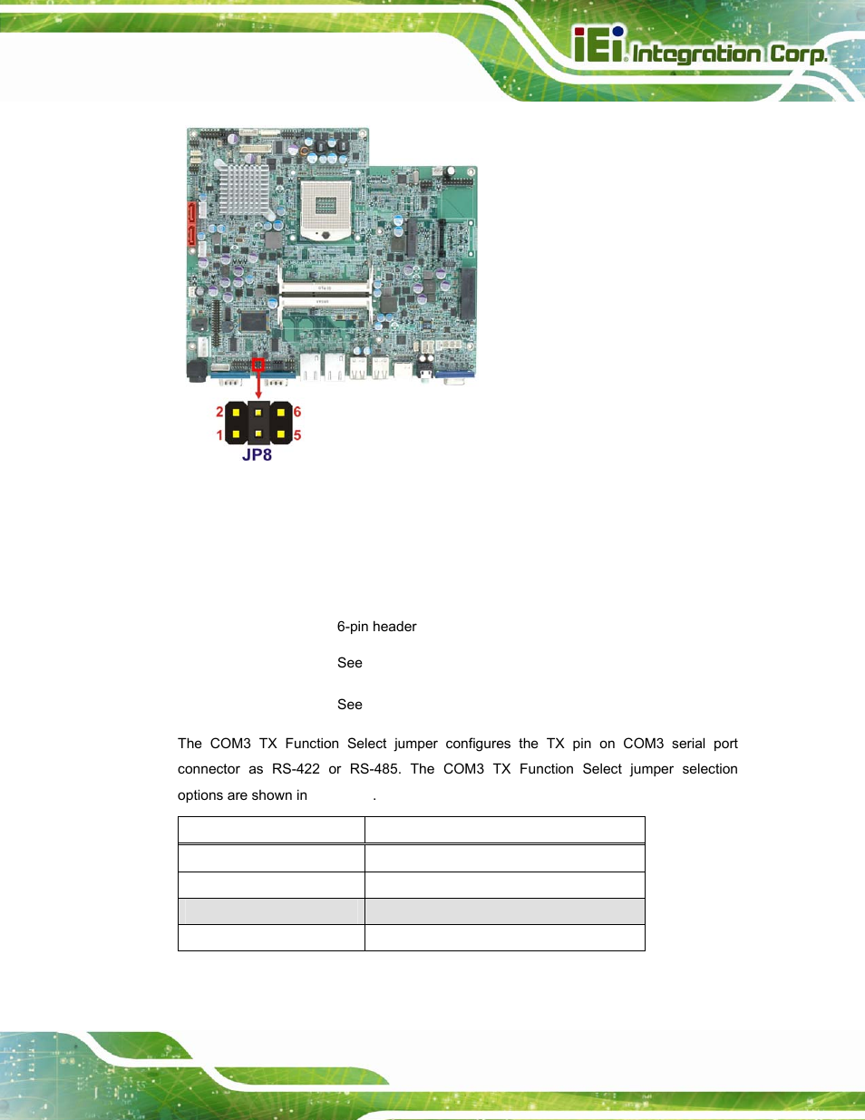 5 com3 tx function select jumper, Figure 3-9: jp8 jumper setting location, Table 3-6: com3 tx function select jumper settings | IEI Integration AFL-15i-HM55 v2.00 User Manual | Page 42 / 140