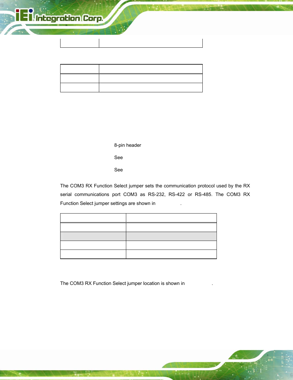7 com3 rs function select jumper, Table 3-8: rs-422 pinouts, Table 3-9: rs-485 pinouts | Afl-hm55 series panel pc page 34 | IEI Integration AFL-15i-HM55 v2.00 User Manual | Page 45 / 140