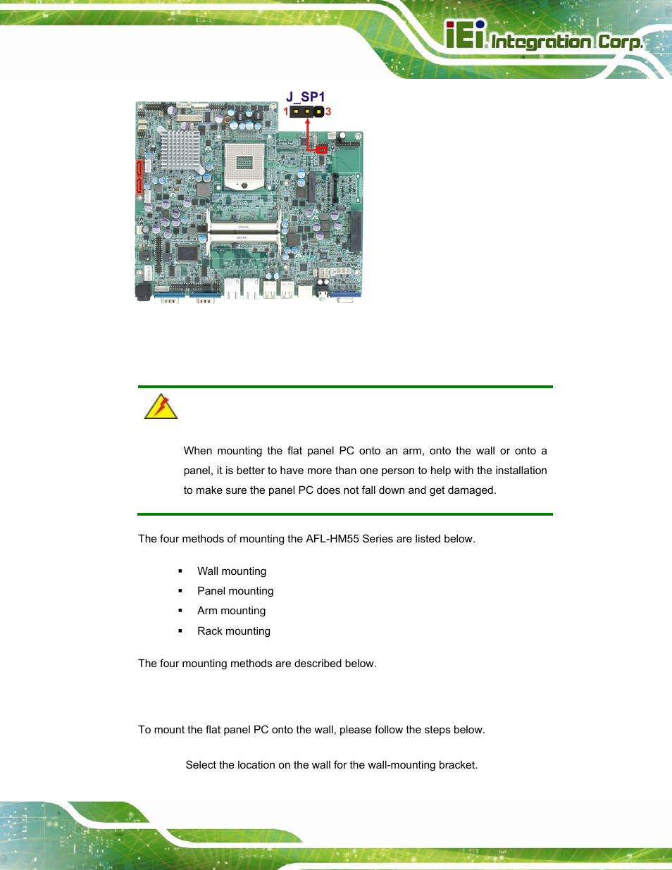 10 mounting the system, 1 wall mounting, Ounting the | Ystem, Figure 3-16: spi jumper location, See figure 3-16, N in figure 3-16 | IEI Integration AFL-15i-HM55 v2.00 User Manual | Page 50 / 140