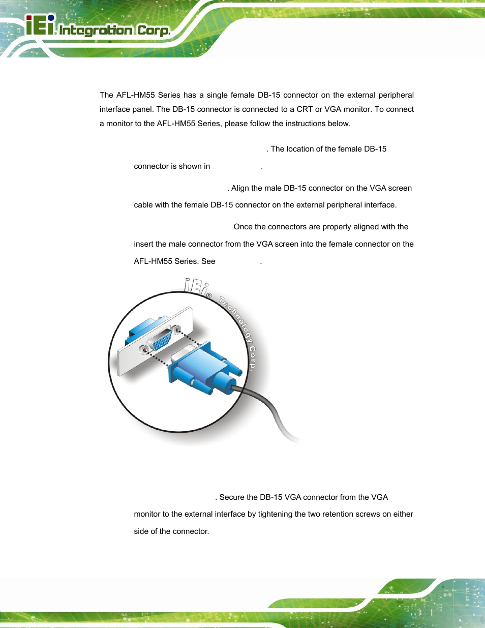 4 vga monitor connection, Figure 3-29: vga connector | IEI Integration AFL-15i-HM55 v2.00 User Manual | Page 61 / 140