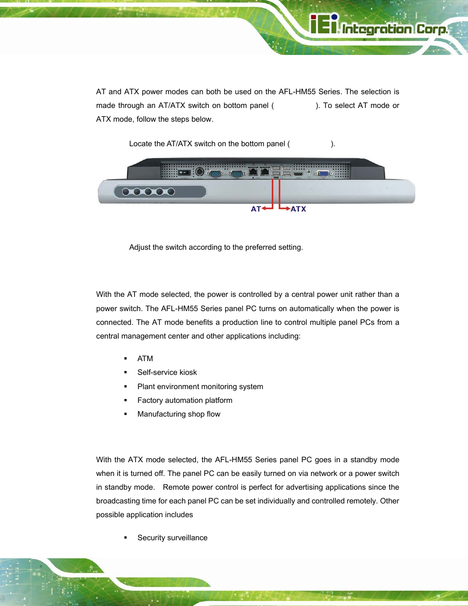 12 at/atx mode selection, 1 at power mode, 2 atx power mode | At/atx, Election, Figure 3-30: at/atx switch location | IEI Integration AFL-15i-HM55 v2.00 User Manual | Page 62 / 140