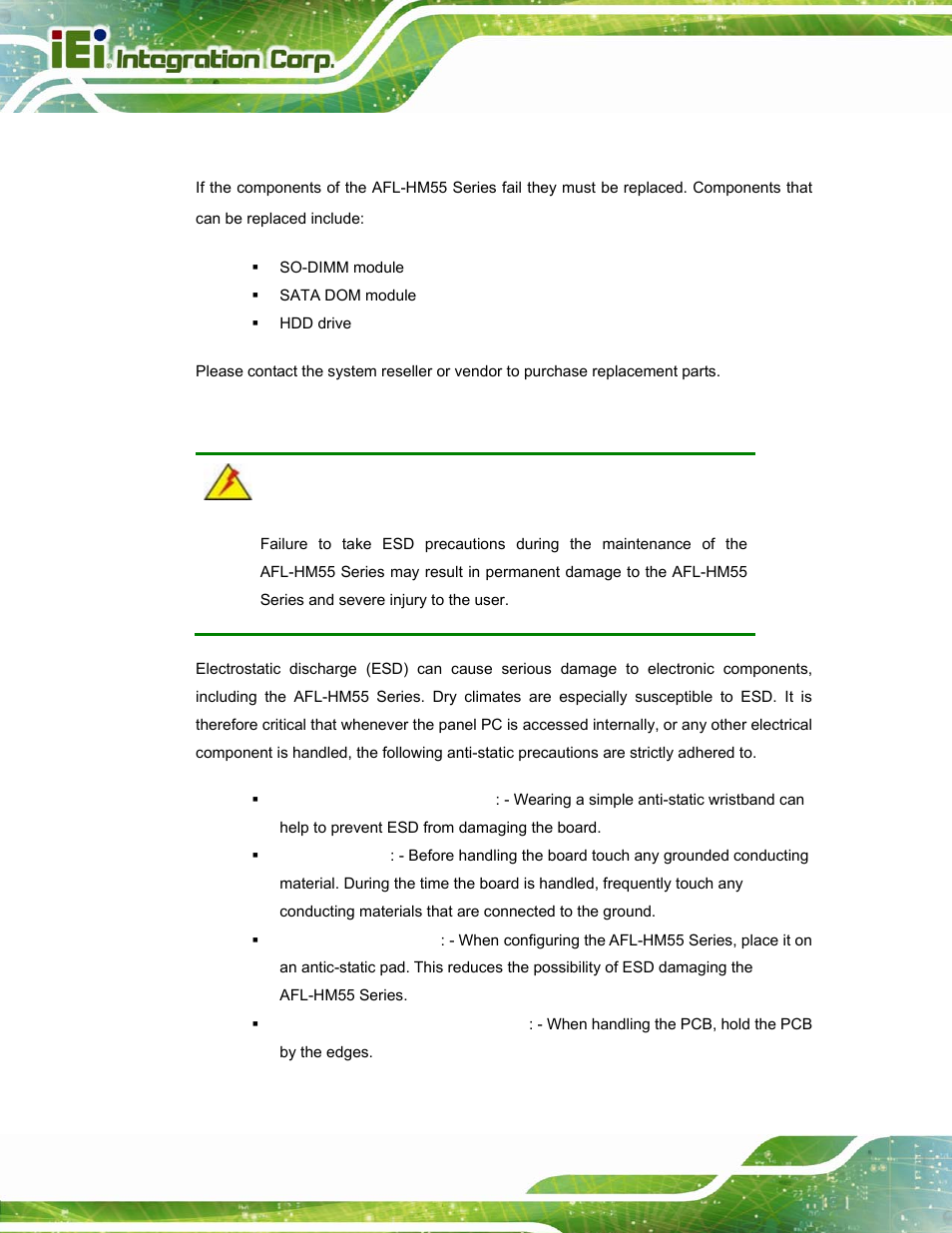 1 system maintenance introduction, 2 anti-static precautions, Ystem | Aintenance, Ntroduction, Static, Recautions | IEI Integration AFL-15i-HM55 v2.00 User Manual | Page 65 / 140