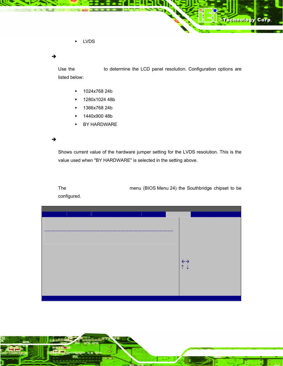 2 southbridge configuration, Bios menu 24:southbridge chipset configuration | IEI Integration AFL-W19A_W19B_17D_W15A-N270 v1.06 User Manual | Page 99 / 125