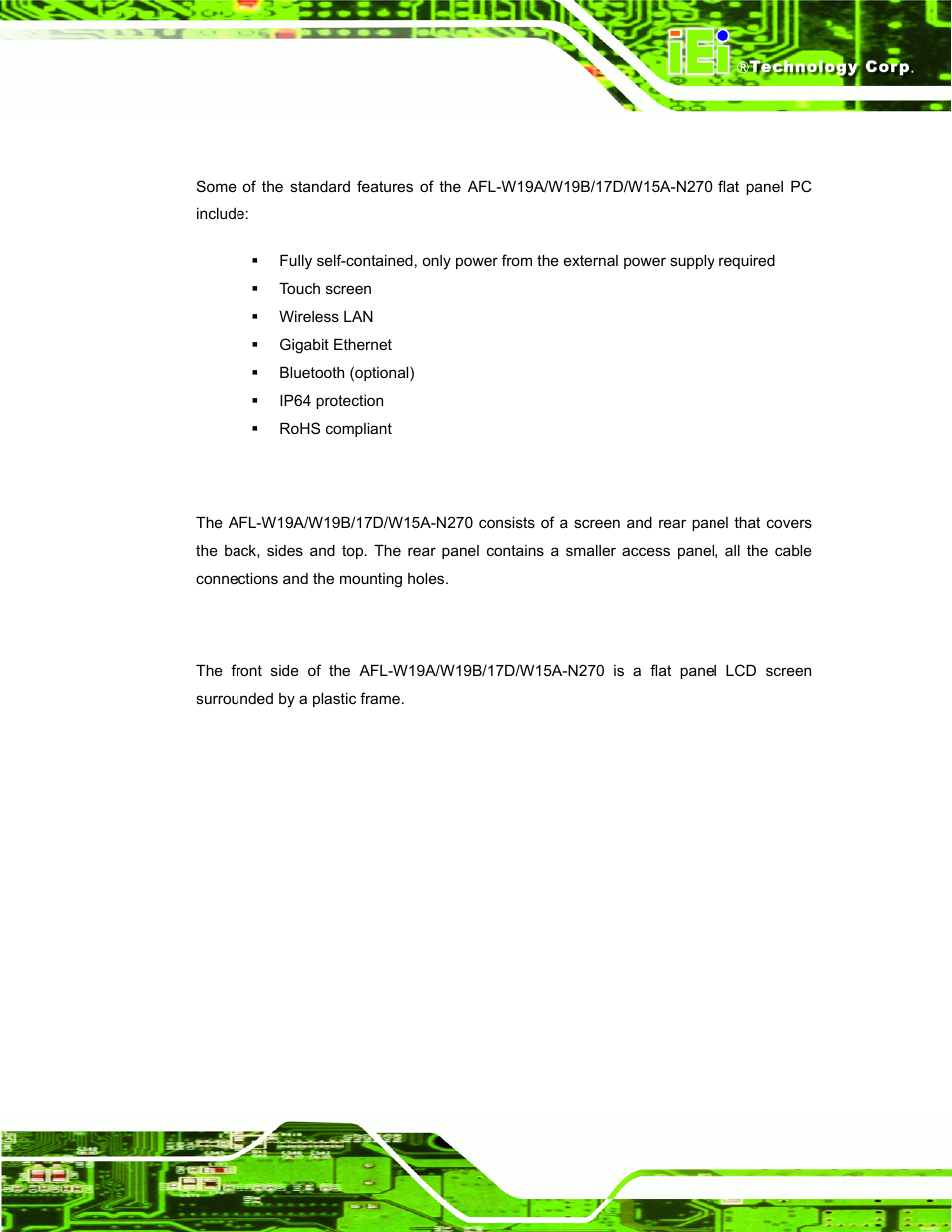 3 features, 4 external overview, 1 front panel | Eatures, Xternal, Verview | IEI Integration AFL-W19A_W19B_17D_W15A-N270 v2.20 User Manual | Page 14 / 124