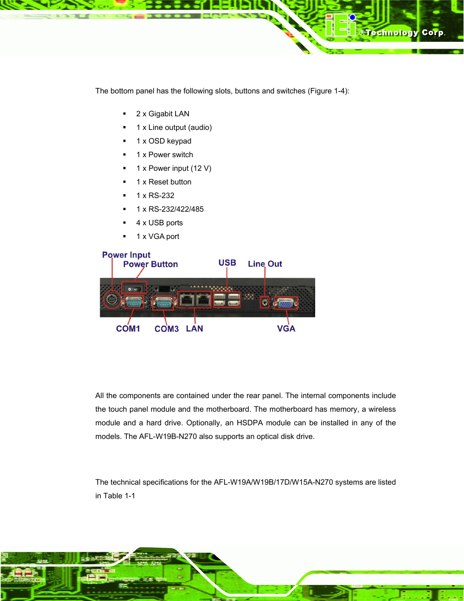 3 bottom panel, 5 internal overview, 6 specifications | Nternal, Verview, Pecifications, Figure 1-4: bottom panel | IEI Integration AFL-W19A_W19B_17D_W15A-N270 v2.20 User Manual | Page 16 / 124