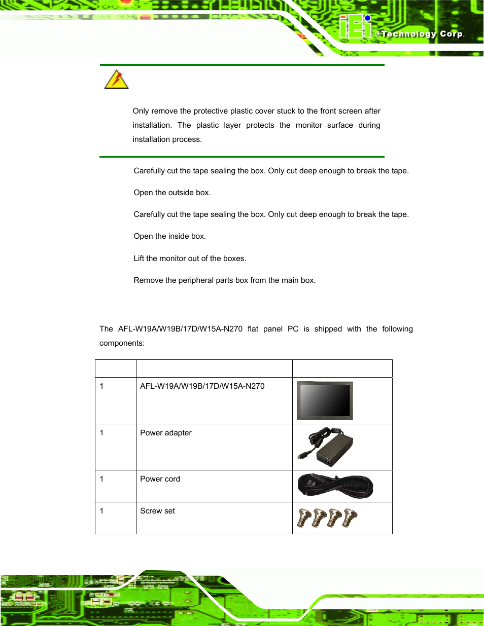 2 packing list, Acking | IEI Integration AFL-W19A_W19B_17D_W15A-N270 v2.20 User Manual | Page 24 / 124