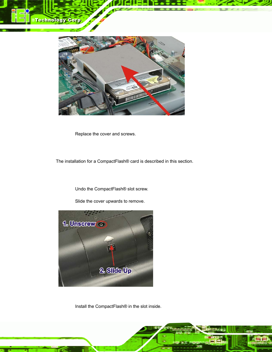 4 compactflash® installation, 1 afl-17d-n270 compactflash® installation, Ompact | Lash, Nstallation, Figure 2–3: hdd installation, Figure 2–4: remove compactflash® cover | IEI Integration AFL-W19A_W19B_17D_W15A-N270 v2.20 User Manual | Page 27 / 124