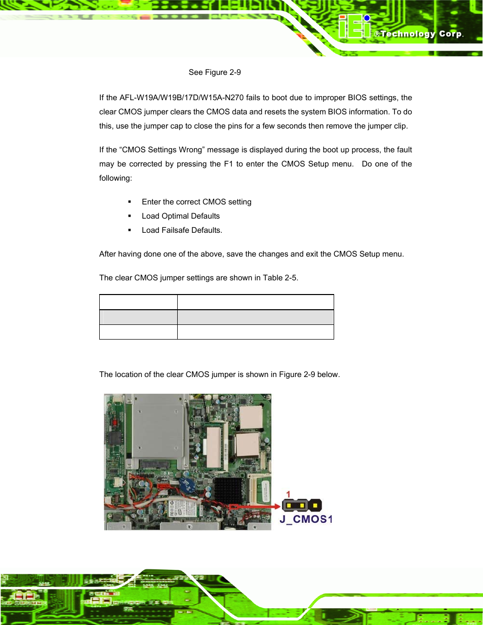Figure 2-9: clear cmos jumper, Table 2-5: clear cmos jumper settings, See table 2-5 | IEI Integration AFL-W19A_W19B_17D_W15A-N270 v2.20 User Manual | Page 32 / 124