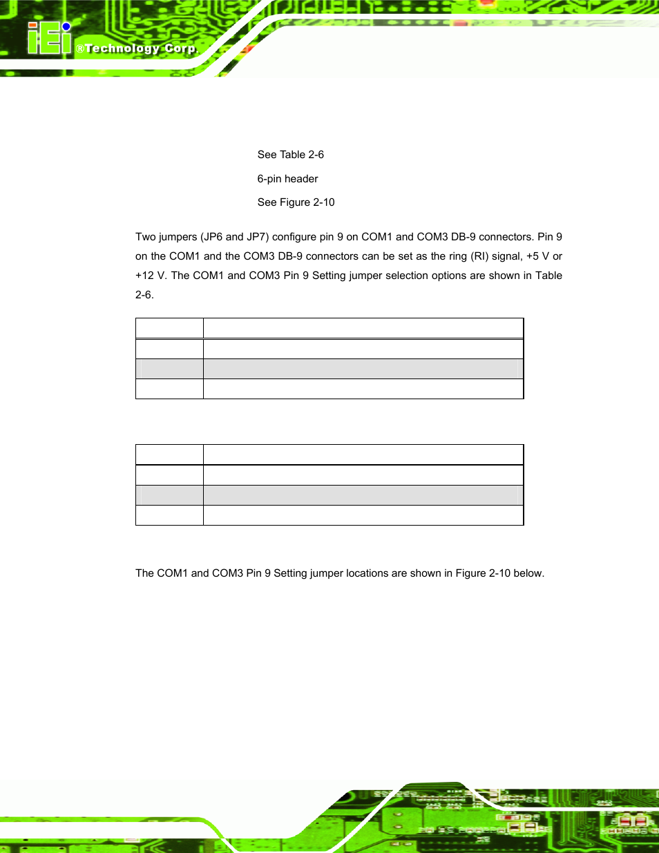 5 com port pin 9 select, Table 2-6: com1 pin 9 setting jumper settings, Table 2-7: com3 pin 9 setting jumper settings | IEI Integration AFL-W19A_W19B_17D_W15A-N270 v2.20 User Manual | Page 33 / 124
