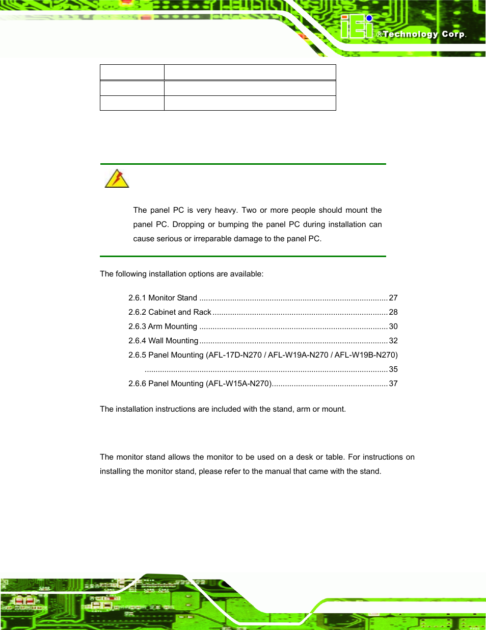 6 mounting the system, 1 monitor stand, Ounting the | Ystem, Table 2-12: rs-485 pinouts | IEI Integration AFL-W19A_W19B_17D_W15A-N270 v2.20 User Manual | Page 38 / 124