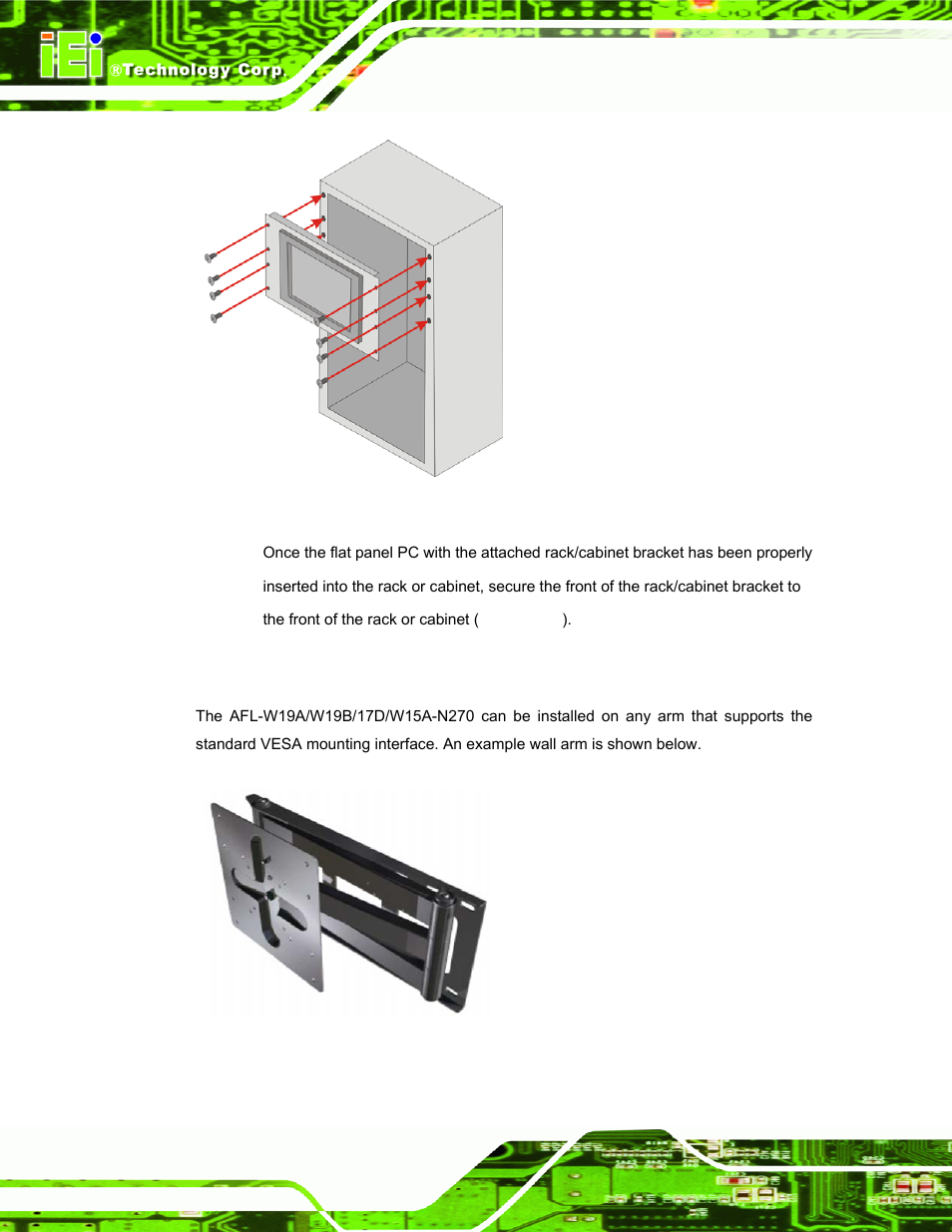 3 arm mounting, Figure 2-17: install into a rack/cabinet, Figure 2-18: wall arm | IEI Integration AFL-W19A_W19B_17D_W15A-N270 v2.20 User Manual | Page 41 / 124