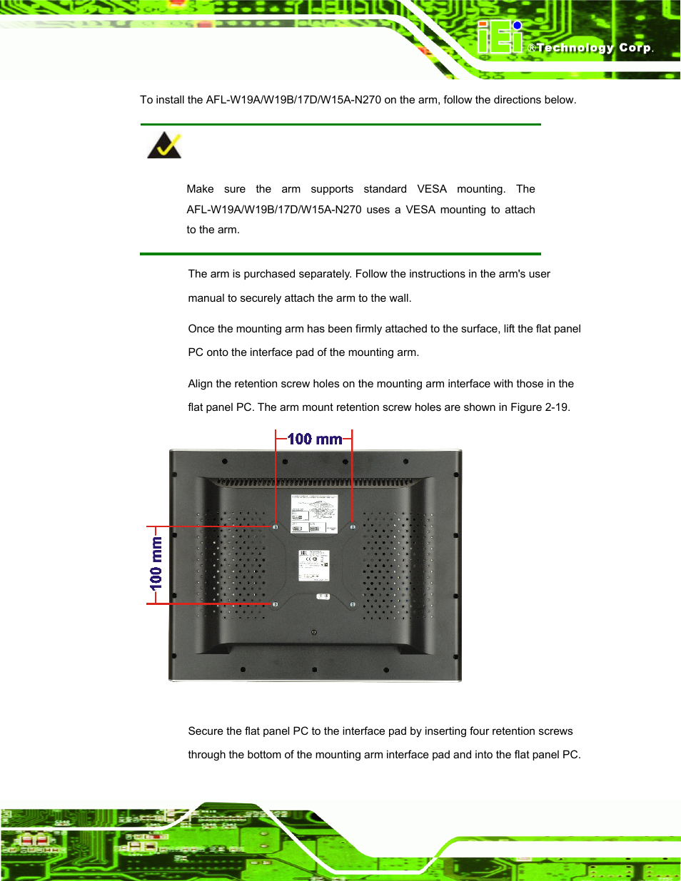 Figure 2-19: arm mounting retention screw holes | IEI Integration AFL-W19A_W19B_17D_W15A-N270 v2.20 User Manual | Page 42 / 124