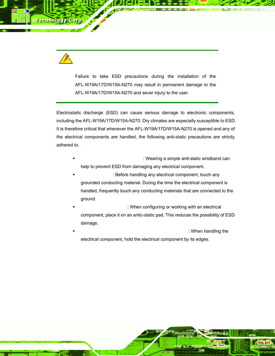 A.1.2 anti-static precautions | IEI Integration AFL-W19A_17D_W15A-N270 v3.00 User Manual | Page 105 / 126