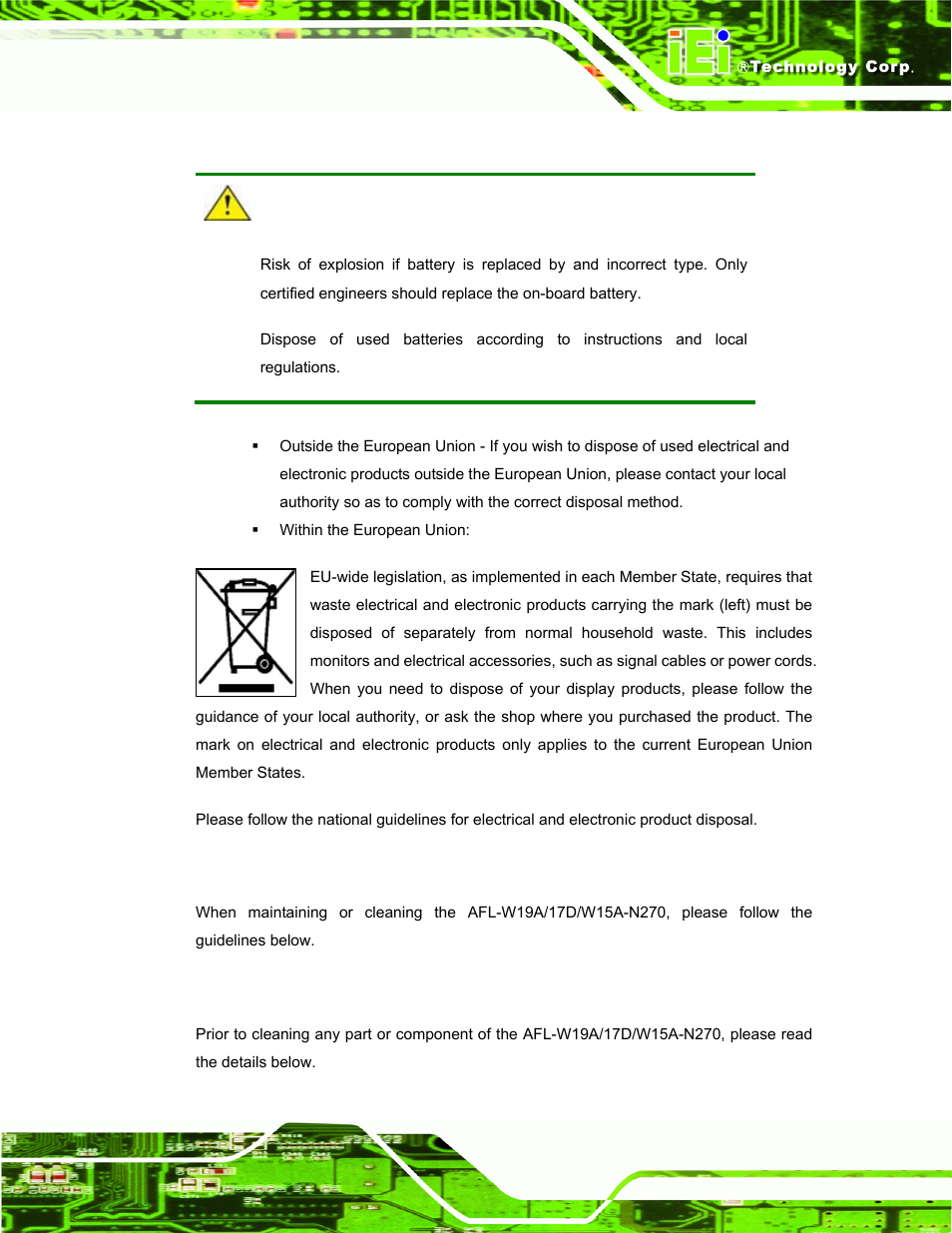 A.1.3 product disposal, A.2 maintenance and cleaning precautions, A.2.1 maintenance and cleaning | Aintenance and, Leaning, Recautions | IEI Integration AFL-W19A_17D_W15A-N270 v3.00 User Manual | Page 106 / 126
