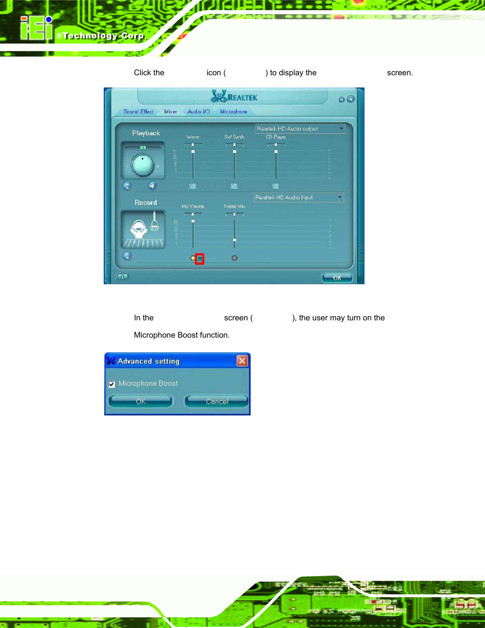 Figure b-5: mixer toolbox screen, Figure b-6: advanced setting screen | IEI Integration AFL-W19A_17D_W15A-N270 v3.00 User Manual | Page 111 / 126