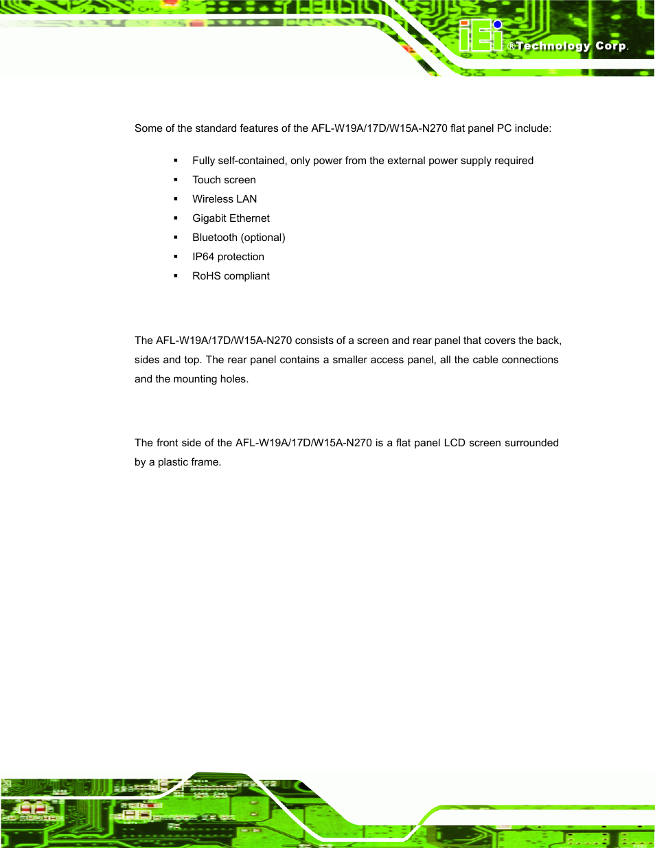3 features, 4 external overview, 1 front panel | Eatures, Xternal, Verview | IEI Integration AFL-W19A_17D_W15A-N270 v3.00 User Manual | Page 14 / 126
