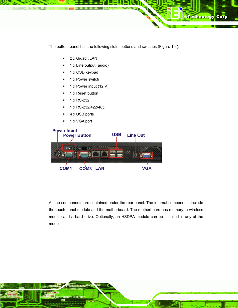 3 bottom panel, 5 internal overview, Nternal | Verview, Figure 1-4: bottom panel | IEI Integration AFL-W19A_17D_W15A-N270 v3.00 User Manual | Page 16 / 126