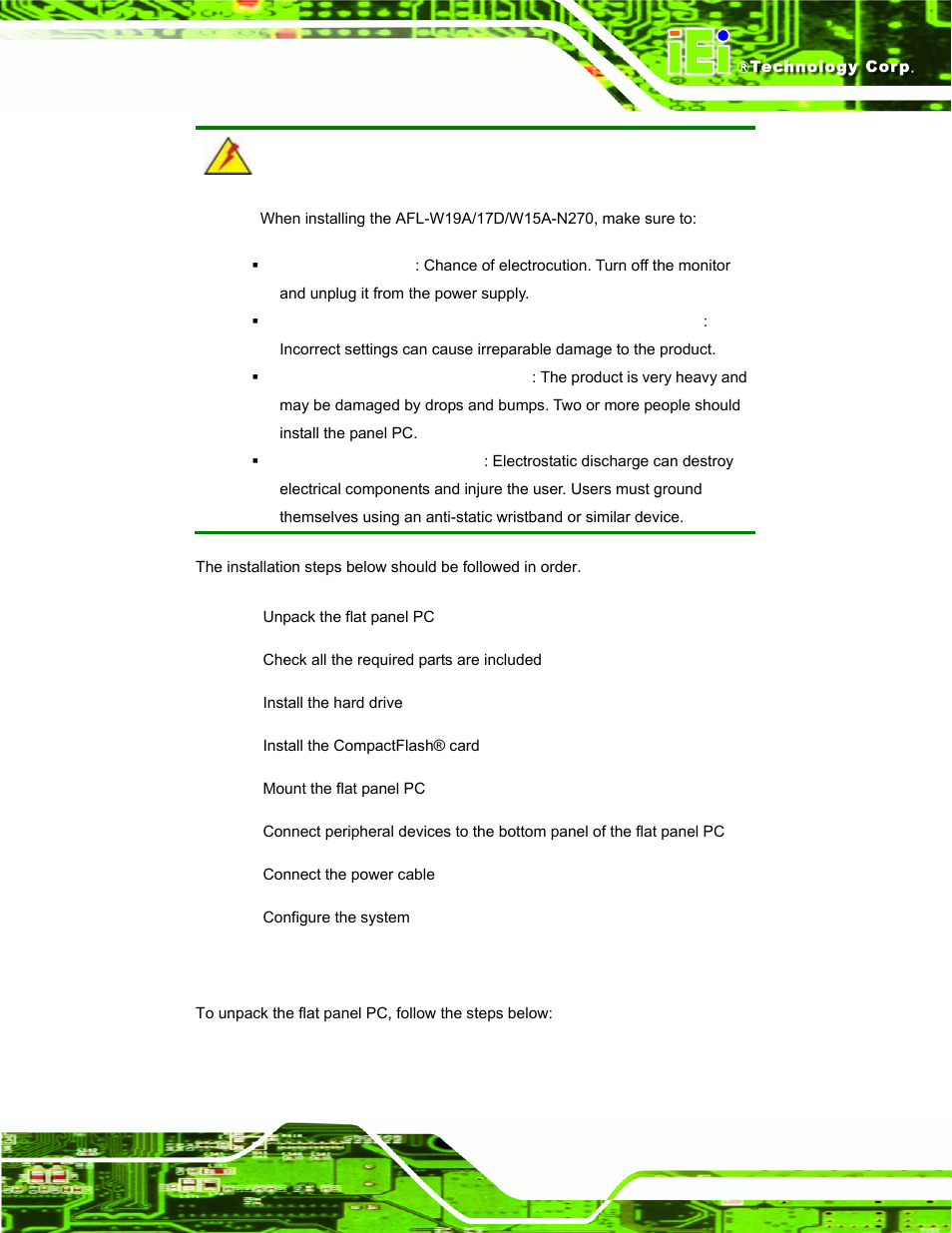 1 unpack the panel pc, Npack the, Anel | IEI Integration AFL-W19A_17D_W15A-N270 v3.00 User Manual | Page 22 / 126