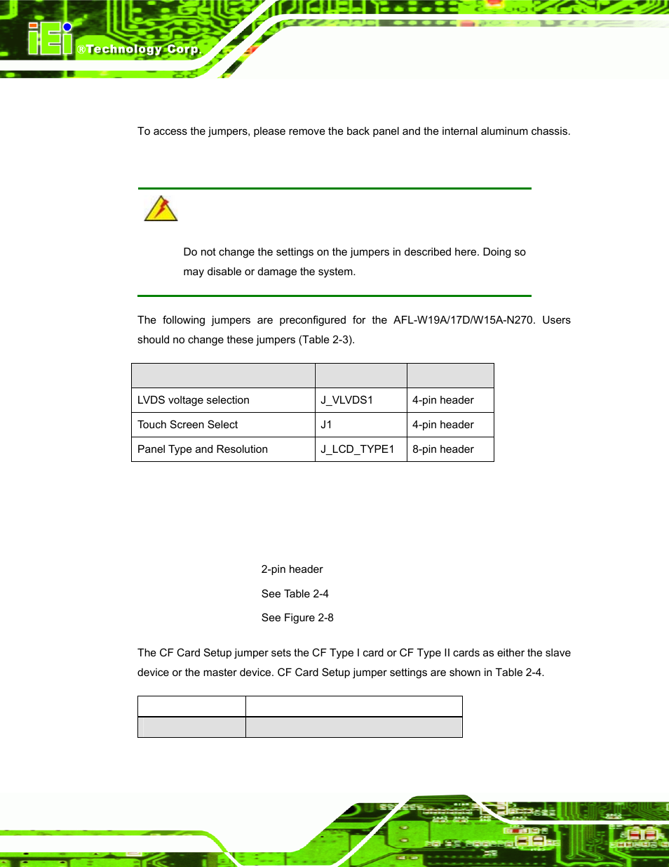 1 access the jumpers, 2 preconfigured jumpers, 3 cf card setup | Table 2-3: preconfigured jumpers | IEI Integration AFL-W19A_17D_W15A-N270 v3.00 User Manual | Page 29 / 126