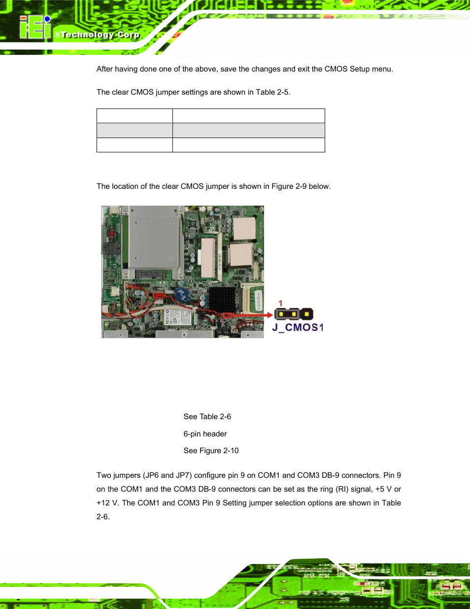 5 com port pin 9 select, Figure 2-9: clear cmos jumper, Table 2-5: clear cmos jumper settings | IEI Integration AFL-W19A_17D_W15A-N270 v3.00 User Manual | Page 31 / 126