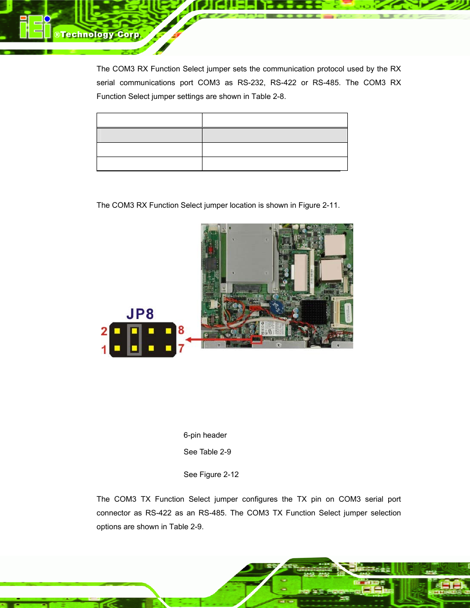 7 com3 tx function select jumper, Table 2-8: com3 rx function select jumper settings | IEI Integration AFL-W19A_17D_W15A-N270 v3.00 User Manual | Page 33 / 126