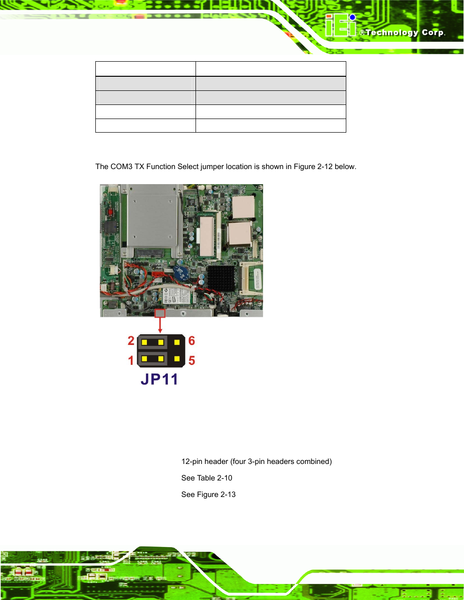 8 com3 rs-232/422/485 serial port select jumper, Table 2-9: com3 tx function select jumper settings, See table 2-9 | See figure 2-12, Table 2-9 | IEI Integration AFL-W19A_17D_W15A-N270 v3.00 User Manual | Page 34 / 126