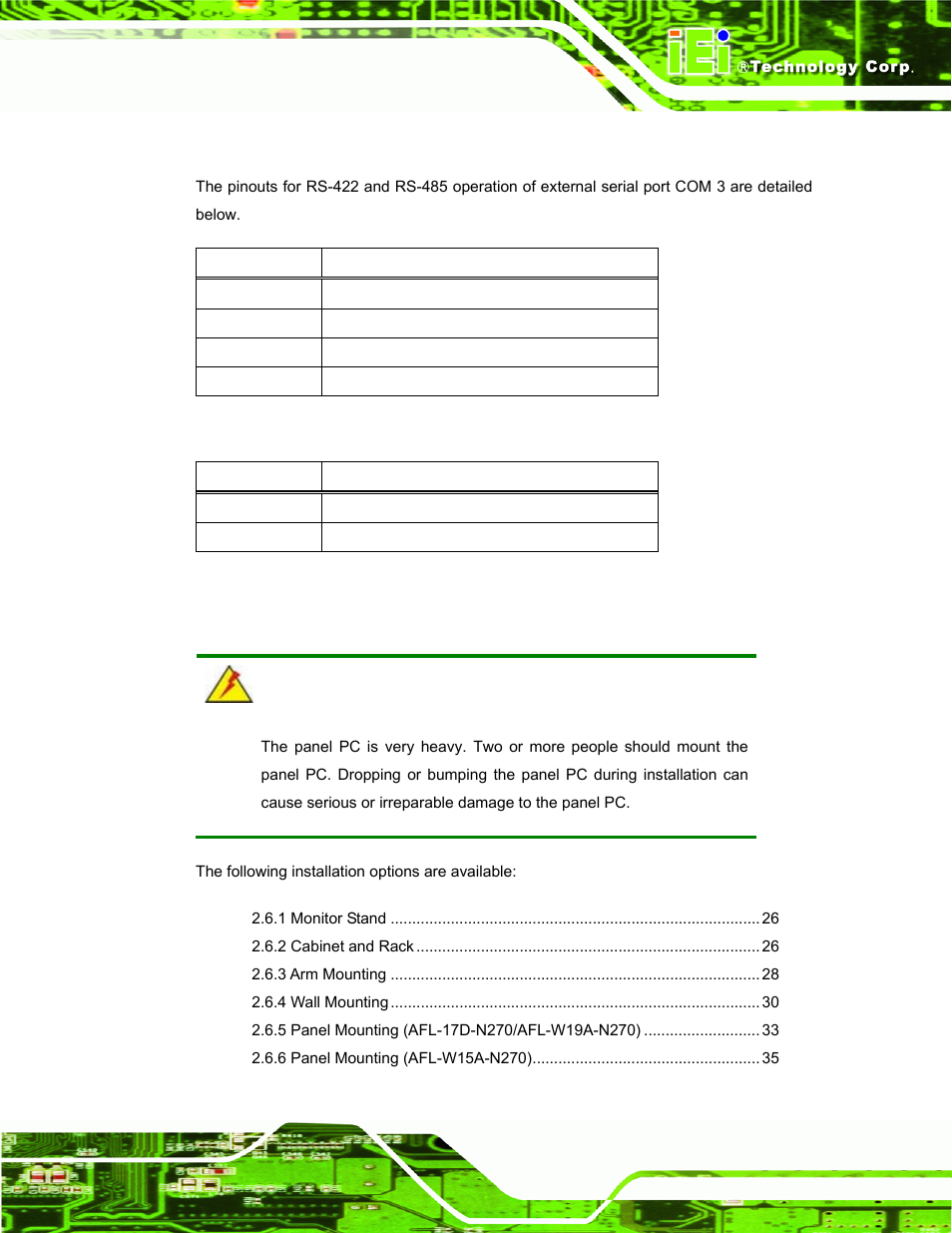 1 com3 rs-422 and rs-485 pinouts, 6 mounting the system, Ounting the | Ystem, Table 2-11: rs-422 pinouts, Table 2-12: rs-485 pinouts | IEI Integration AFL-W19A_17D_W15A-N270 v3.00 User Manual | Page 36 / 126