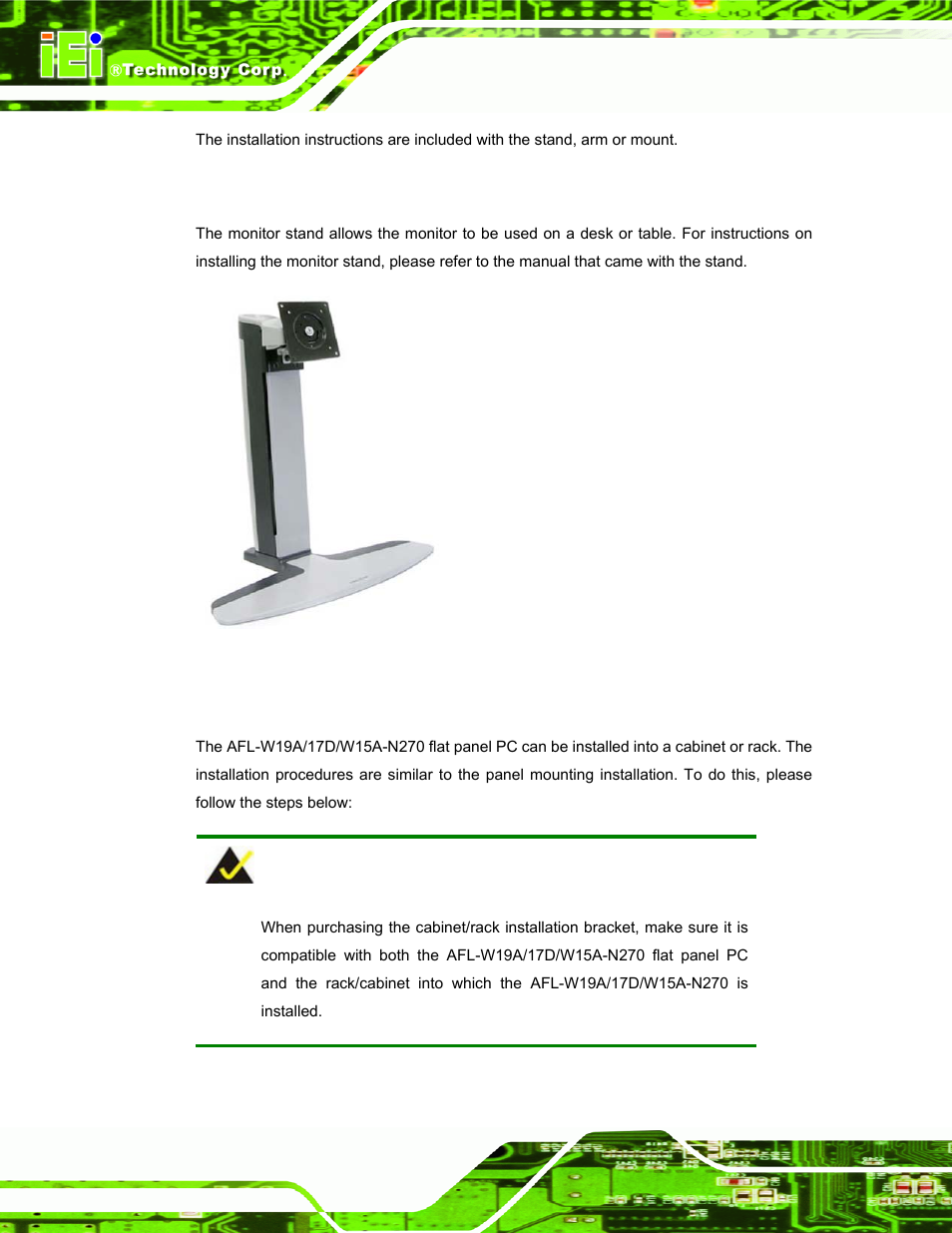 1 monitor stand, 2 cabinet and rack, Figure 2-14: monitor stand | IEI Integration AFL-W19A_17D_W15A-N270 v3.00 User Manual | Page 37 / 126