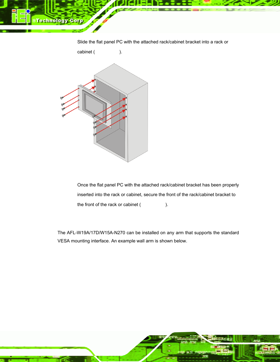 3 arm mounting, Figure 2-17: install into a rack/cabinet | IEI Integration AFL-W19A_17D_W15A-N270 v3.00 User Manual | Page 39 / 126