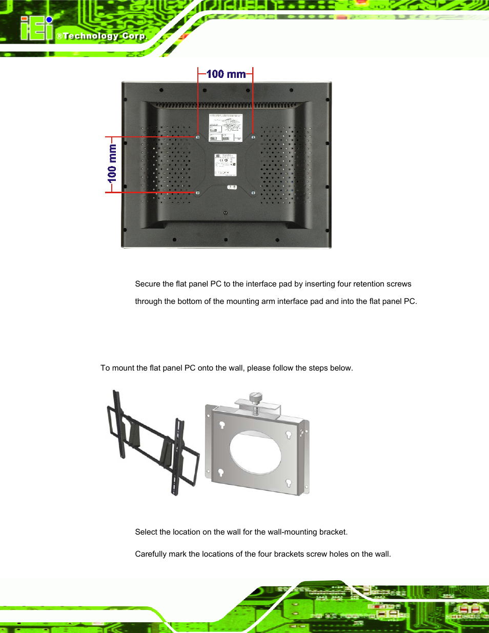 4 wall mounting, Figure 2-19: arm mounting retention screw holes, Figure 2-20: wall mount | IEI Integration AFL-W19A_17D_W15A-N270 v3.00 User Manual | Page 41 / 126