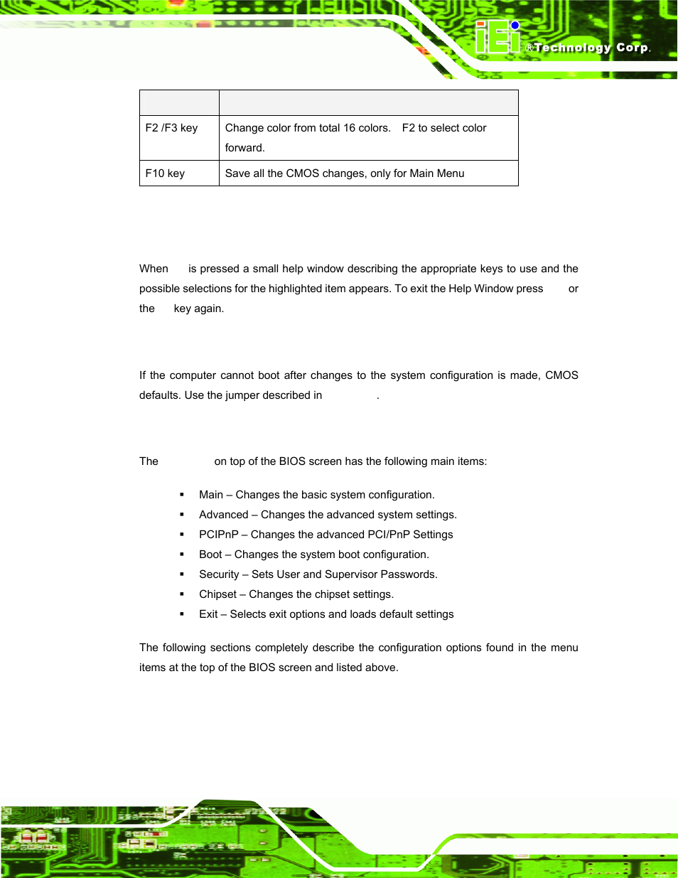 3 getting help, 4 unable to reboot after configuration changes, 5 bios menu bar | Table 3-1: bios navigation keys | IEI Integration AFL-W19A_17D_W15A-N270 v3.00 User Manual | Page 56 / 126