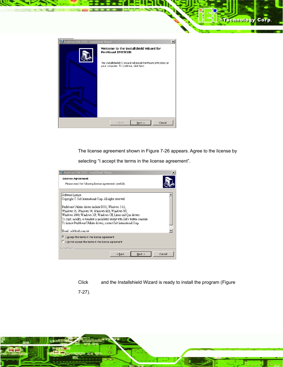 Figure 7-27: welcome screen, Figure 7-28: license agreement | IEI Integration AFL-15A-N270 v1.03 User Manual | Page 131 / 159